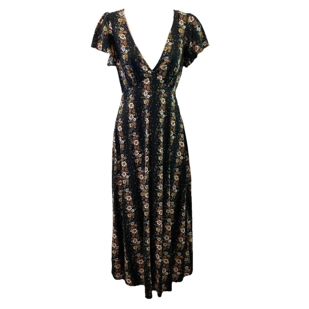 Forever 21 Womens Maxi Dress Boho Prairie Cottage Whimsigoth Black Floral Sz S